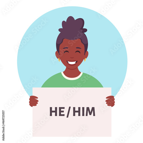 Woman holding sign with gender pronouns. She, he, they, non-binary. Gender-neutral movement. Vector illustration