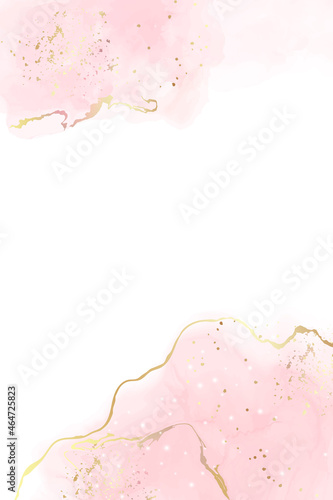Rose pink liquid watercolor background with golden lines. Blush marble alcohol ink drawing effect. Vector illustration design template for wedding invitation, menu, rsvp
