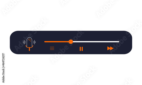 Media player interface for software app with buttons, loading indicator and microphone. Vector illustration of control panel in flat style