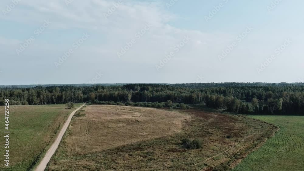 Aerial panorama of rural road passing through agricultural land and pasture fields in Latvia Aerial panorama of rural road passing through agricultural land and pasture fields in Latvia