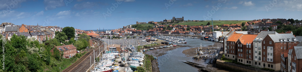 panoramic view of Whitby harbour in summer