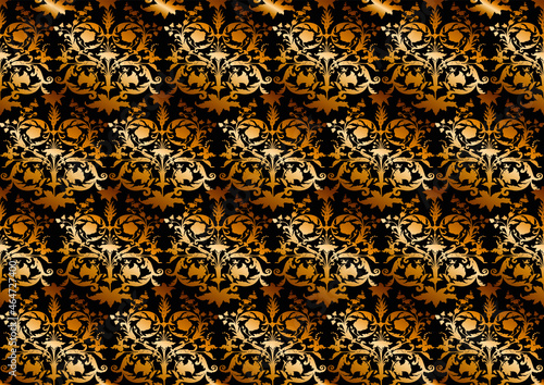 Seamless pattern with stylized flowers in medieval style. Vector illustration. In gold and black colors.