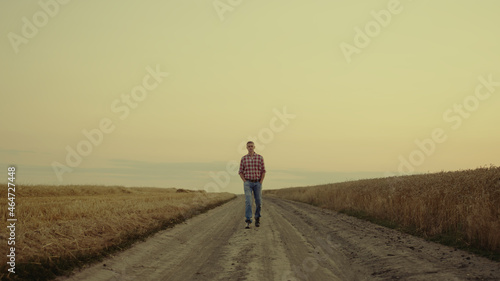 Small business agronom man crossing sunset countryside with golden field alone.