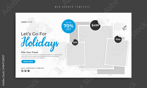 Travel and tourism business marketing web banner template design with abstract background, logo and icon. Summer holiday beach traveling social media promotion flyer. Website digital graphic cover    