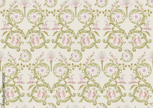 Seamless pattern, background. Colored vector illustration. In baroque, rococo, victorian, renaissance medieval style. In decorative style. Ethnic patterned ornate hand drawn.