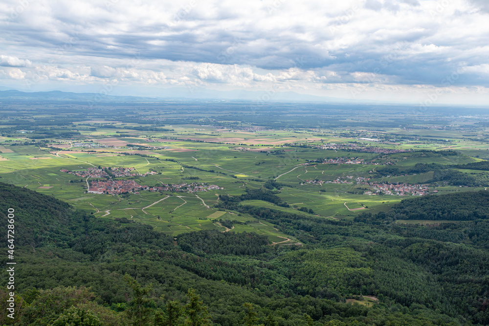Aerial view of a village in Alsace, France with fields