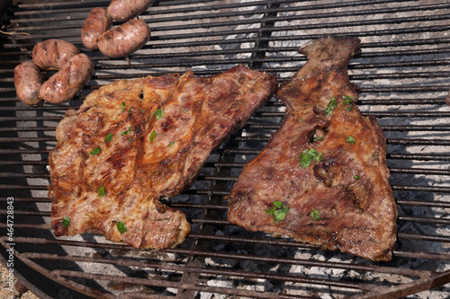 Barbecue outdoors. Closeup view of tri-tip, pork meat and sausages roasting in the grill.  photo