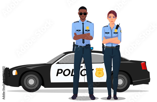 Male and Female Cop Standing Next to Police Car, Policeman and Policewoman in Uniform illustration