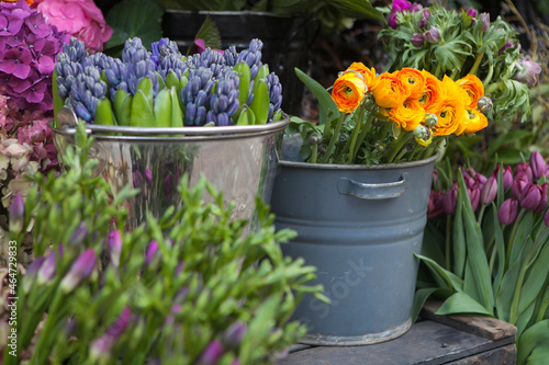 Yellow lupines, purple anemone, lilac hyacinths, hydrangea in tin buckets for sale as decoration of the store entrance photo