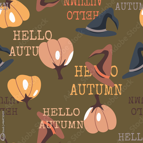 Vector seamless pattern for Halloween. Pumpkin, hat, lettering on the theme of Halloween.
