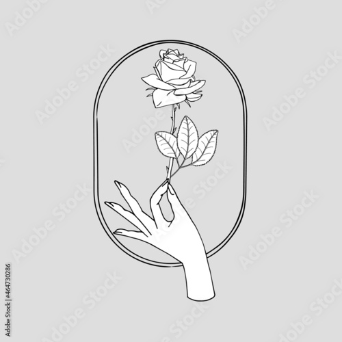 Vintage Mystic Hand holding rose flower drawing on oval shape background.