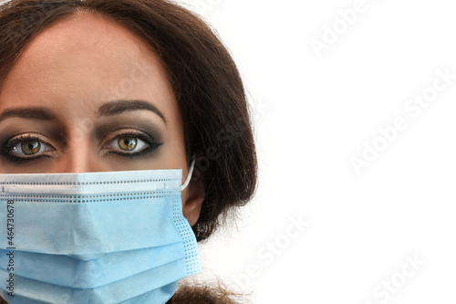 Woman with mask text Covid-19 coronavirus European woman