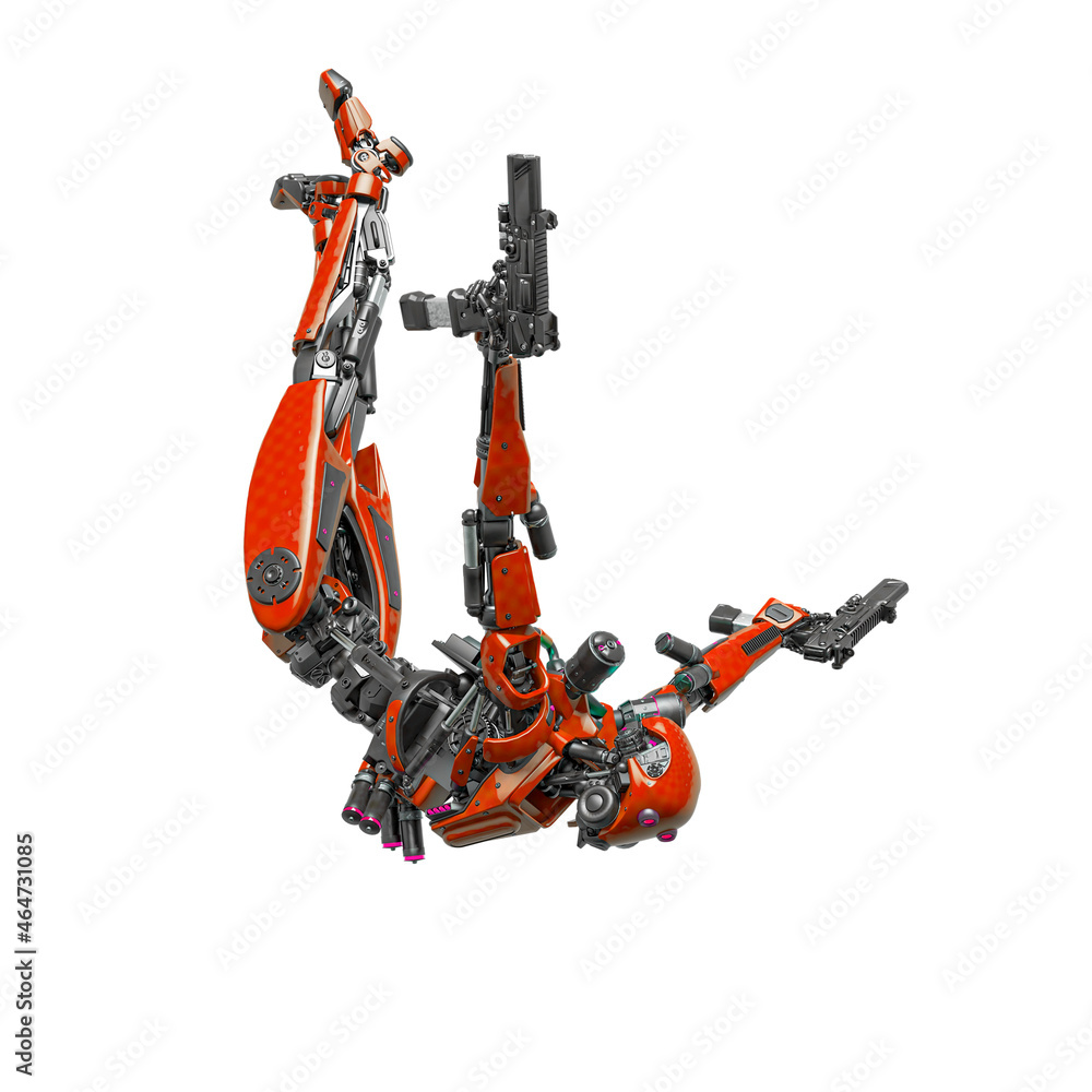 Naklejka premium droid soldier is flying down in action and holding a pistol