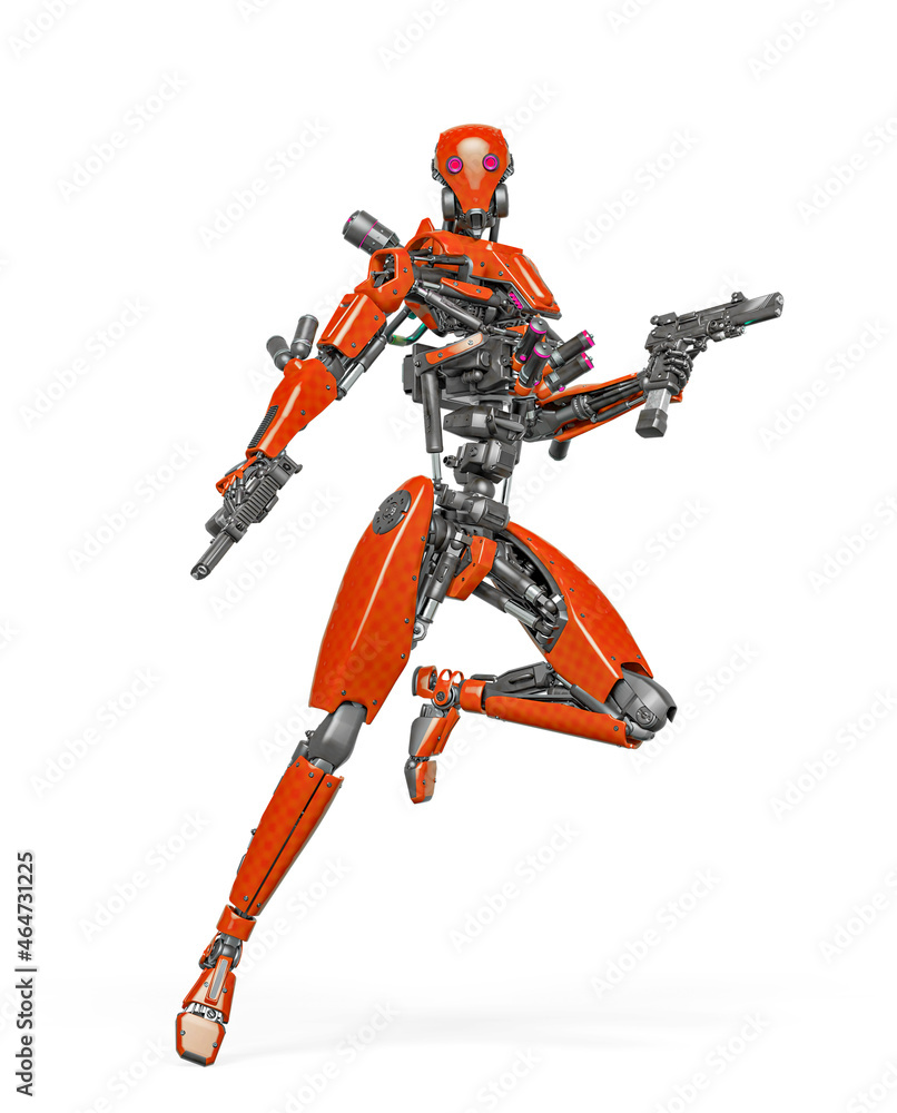 droid soldier is standing up like a super hero in action and holding a pistol