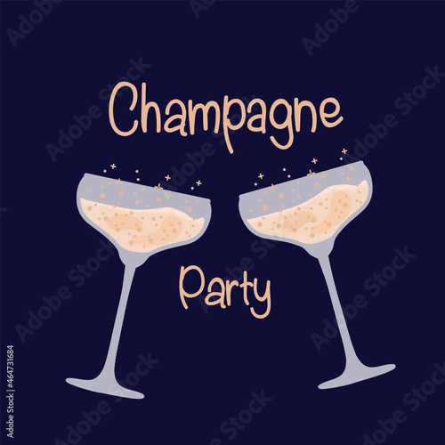 Champagne glasses for a party. Retro Party Festival on a dark background. Beautiful wine glasses with cocktail and alcoholic beverages. Vector illustration