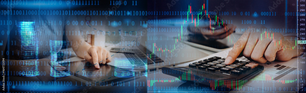 businessman holding coins putting in glass and using calculator. concept saving money and finance accounting. businessman holding coins putting in glass and using calculator. concept saving money and finance accounting.