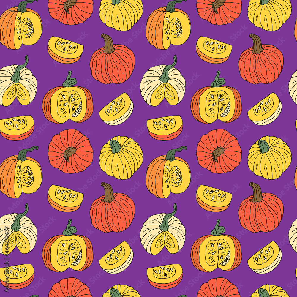 Obraz Seamless pattern with hand drawn pumpkins. Purple background. Autumn digital paper.
