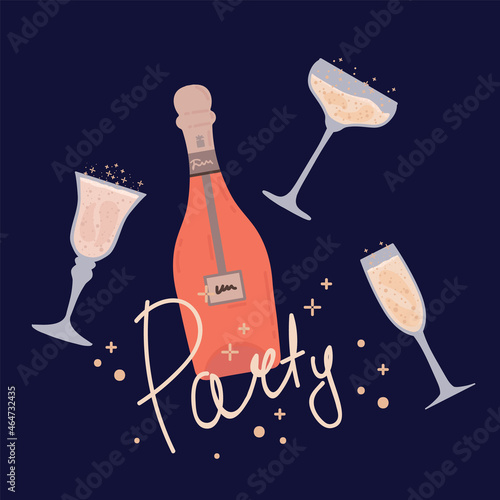 Poster with a bottle of champagne and glasses. With the inscription Party. A beautiful postcard for a Champagne party. Vector illustration