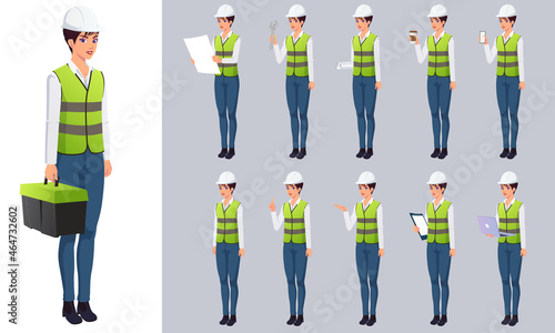 Female Construction Worker, Engineer Character Set With Different Poses, Tools and Actions