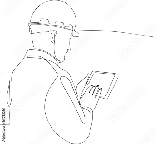Picture of young focused male manager standing in factory and holding digital tablet . Vector illustration