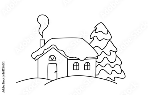 Cute Christmas House Outline Vector Illustration. Little cabin with fir under snow coloring page for kids