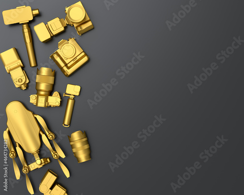 Top view of designer workspace and photography gear on black table background