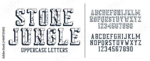 Cracked stone display font set. Retro style typeface with uppercase letters and numbers. Vector.