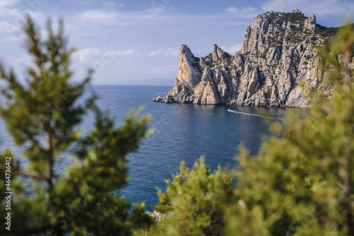 Landscape view of Karaul-Oba mountain and Blue bay in Crimea, New Light resort, Russian Federation