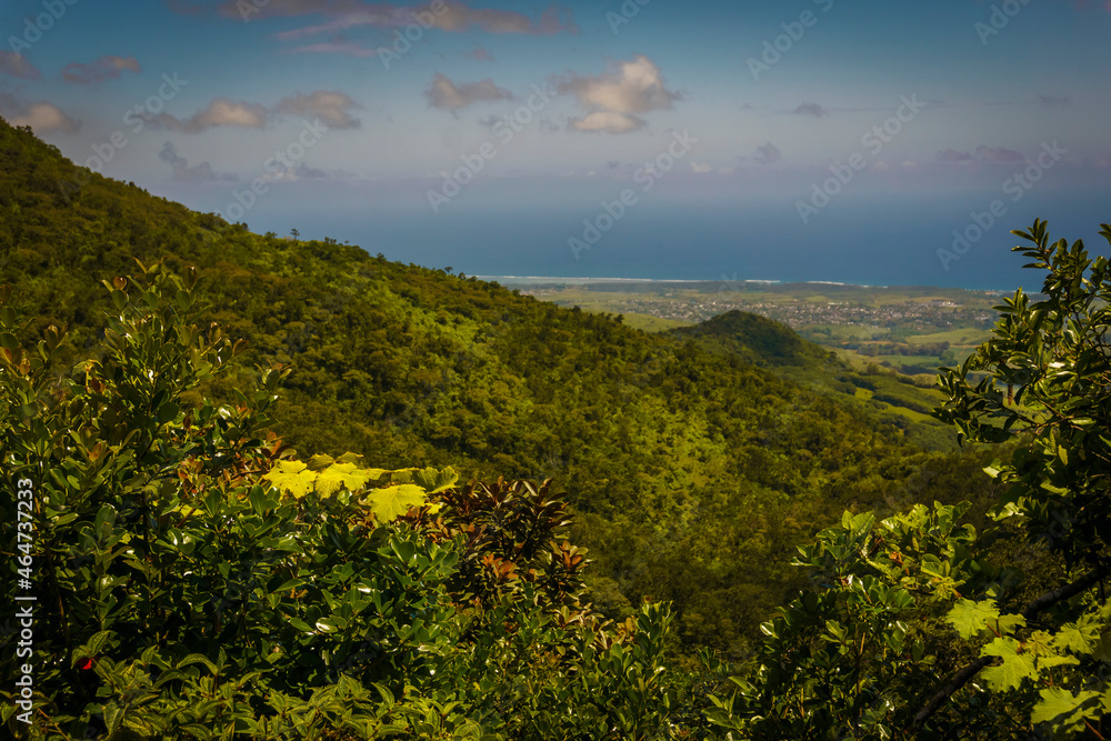 View from above of tropical forest and valley at Viewpoint, a nature reserve of Mauritius island in the Indian Ocean
