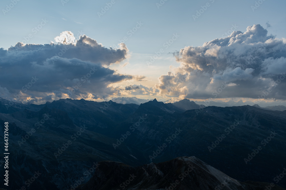 Vals, Switzerland, August 21, 2021 Sunset on the top of the mount Fanellhorn
