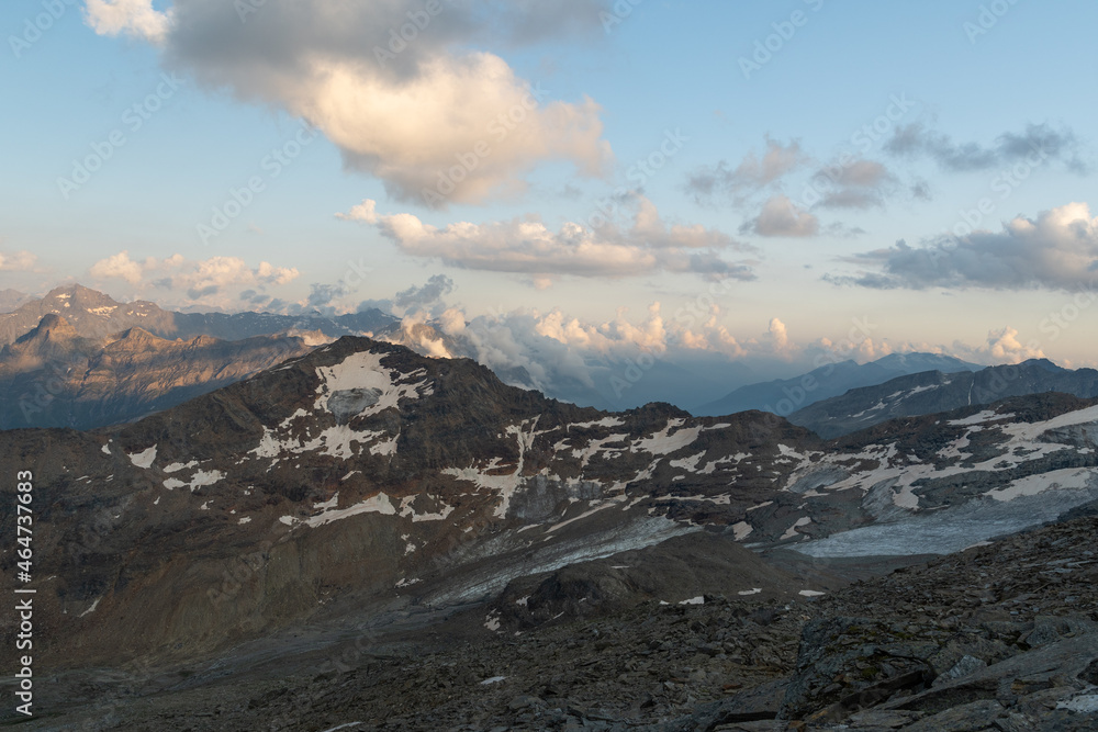 Vals, Switzerland, August 21, 2021 Mountain panorama in the evening
