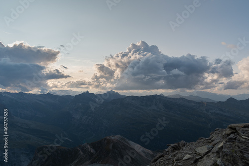 Vals, Switzerland, August 21, 2021 Sunset on the top of the mount Fanellhorn