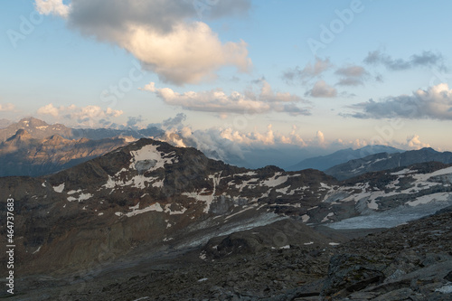 Vals, Switzerland, August 21, 2021 Mountain panorama in the evening photo