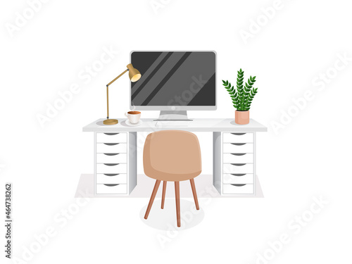 Workspace with a computer, table, plant, lamp and cup on an isolated white background for home office, cabinet, remote work, freelancing, teaching. Vector illustration in flat cartoon style.