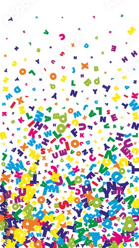 Falling letters of English language. Bright flying words of Latin alphabet. Foreign languages study concept. Amusing back to school banner on white background.