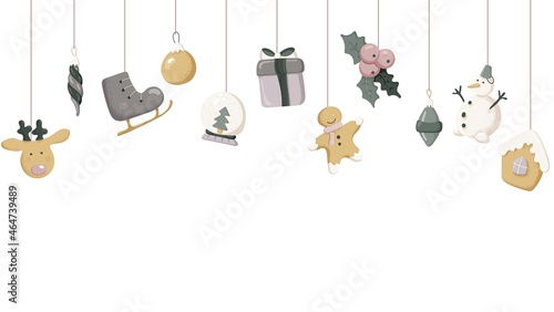 Decorative toys hanging on strings. Traditional new year celebration accessories on white background. Horizontal placement. Happy new year. Christmas items. For the design of Christmas and New Year