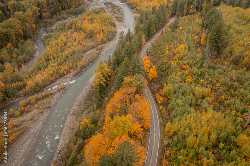 Aerial View of the Magnificent Nooksack River Valley During the Autumn Season. Fall color adds to this beautiful scenic drive up the Mt. Baker Highway to the recreation area of the Pacific Northwest.