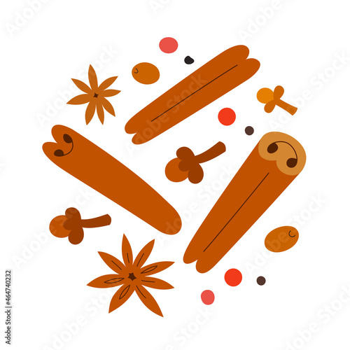 Mulling spices pile, cinnamon sticks, anise star and clove, seasoning ingredients for glintwine or mulled wine recipe, hand drawn colored illustrations, vector icons isolated on white background