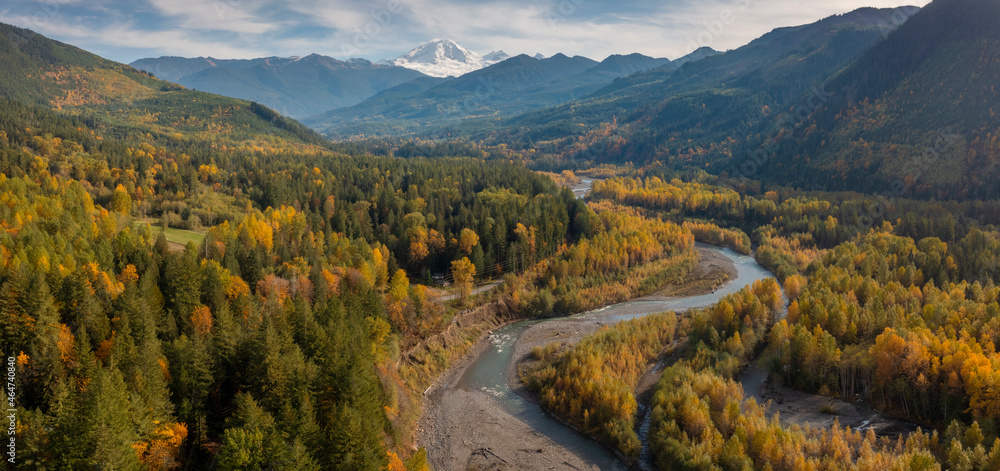 Aerial View of the Magnificent Nooksack River Valley During the Autumn Season. Fall color adds to this beautiful scenic drive up the Mt. Baker Highway to the recreation area of the Pacific Northwest.