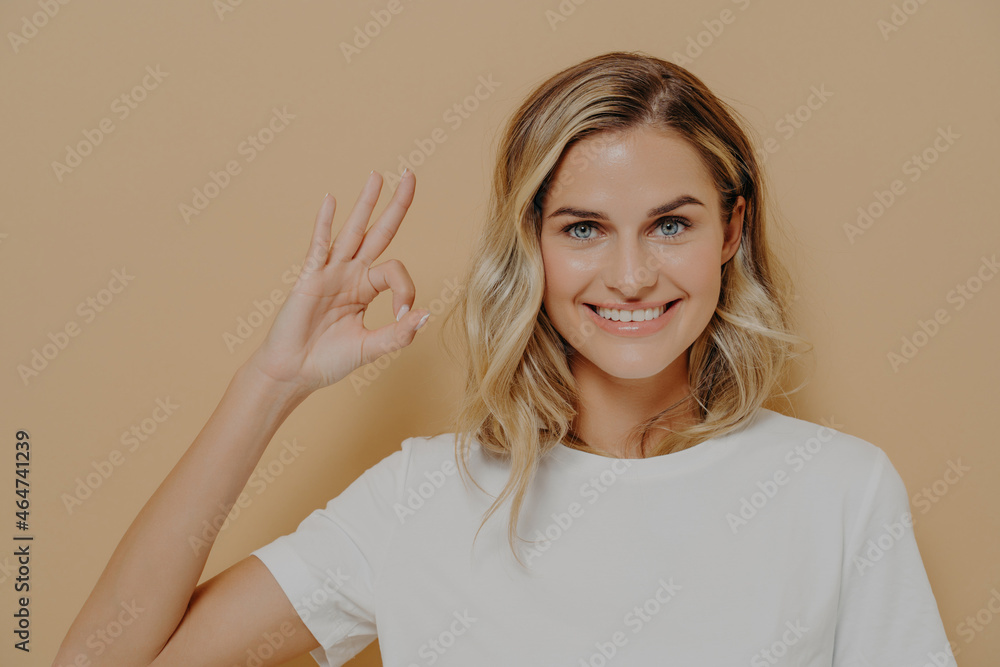 Positive cute blonde young woman in white tshirt shows OK sign with one hand Positive cute blonde young woman in white tshirt shows OK sign with one hand
