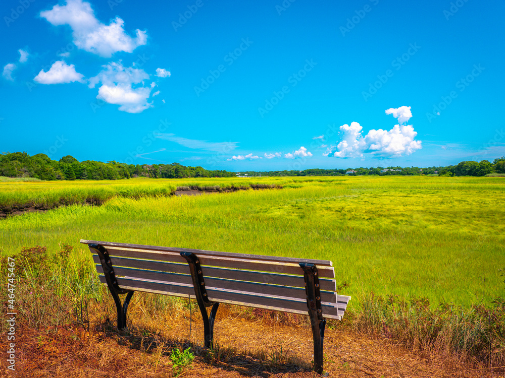 Wooden bench with the view of wide open marshland and tranquil blue sky on Cape Cod