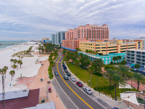 Clearwater Beach and S Gulfview Blvd aerial view in a cloudy day, city of Clearwater, Florida FL, USA. 