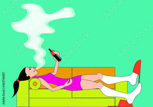 Vector graphics - A young pretty woman is lying on the couch, smoking an electronic cigarette and releasing white steam from her mouth and space to copy. Concept - unhealthy lifestyle