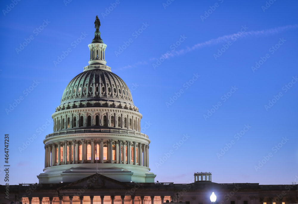 The United States Capitol, the meeting place of the United States Congress, located on Capitol Hill at the eastern end of the National Mall in Washington, D.C.