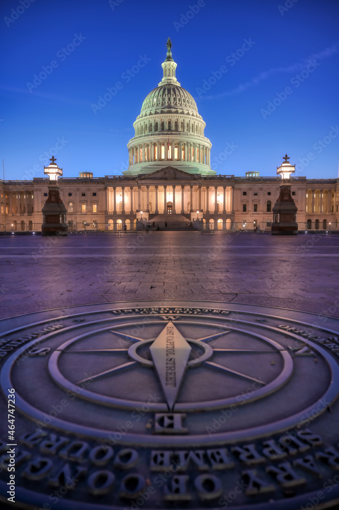 The United States Capitol, the meeting place of the United States Congress, located on Capitol Hill at the eastern end of the National Mall in Washington, D.C.