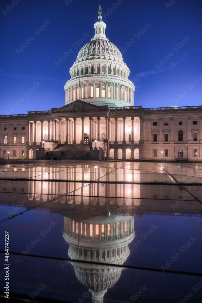 The United States Capitol, the meeting place of the United States Congress, located on Capitol Hill at the eastern end of the National Mall in Washington, D.C.