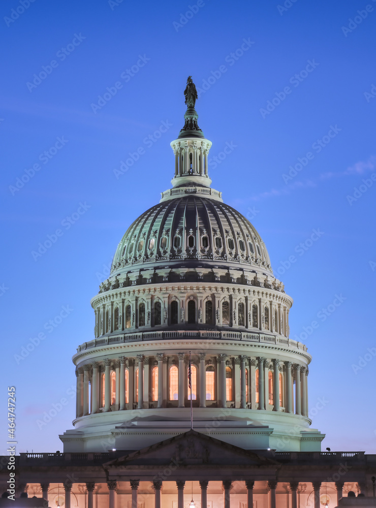 The United States Capitol, the meeting place of the United States Congress, located on Capitol Hill at the eastern end of the National Mall in Washington, D.C.