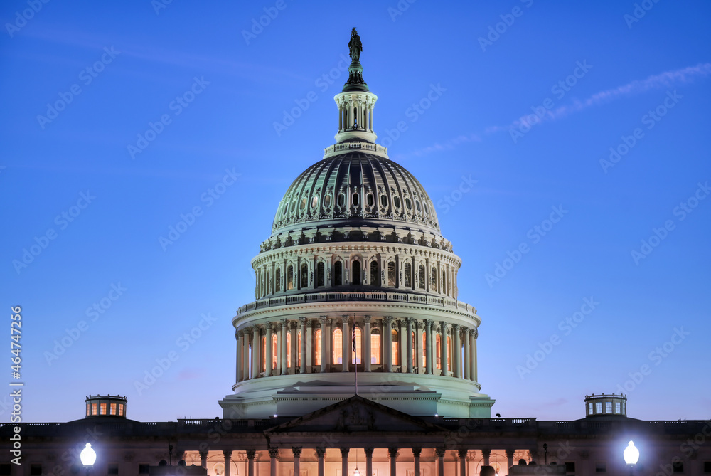 The United States Capitol, the meeting place of the United States Congress, located on Capitol Hill at the eastern end of the National Mall in Washington, D.C.