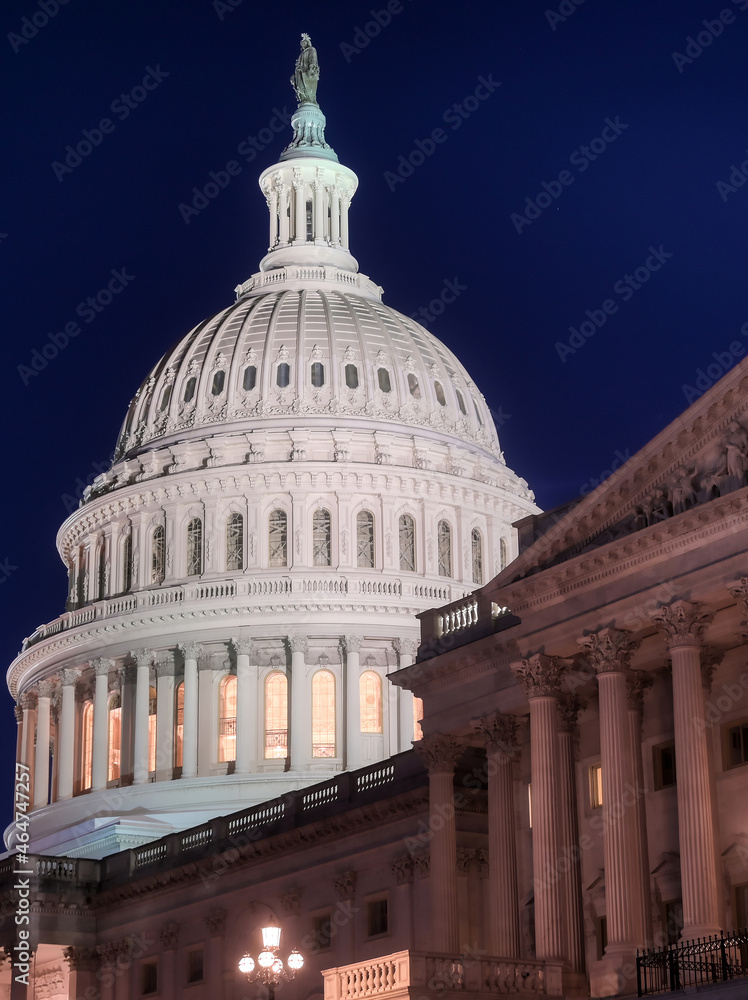 The United States Capitol, the meeting place of the United States Congress, located on Capitol Hill at the eastern end of the National Mall in Washington, D.C.