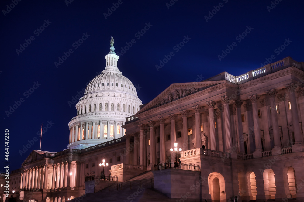 The United States Capitol, the meeting place of the United States Congress, located on Capitol Hill at the eastern end of the National Mall in Washington, D.C.